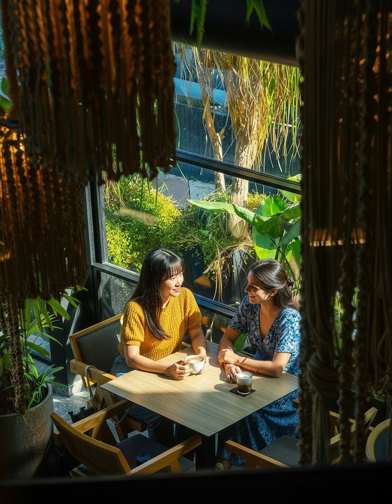 Two guests chatting over coffee at a window table framed by macramé curtains and Mediterranean greenery