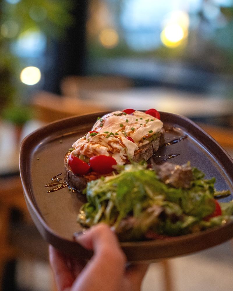 Burrata toast served for brunch at Al Hayat Resto Bar in Rhodes