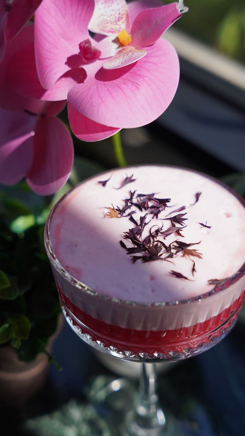Layered pink sour cocktail in a crystal coupe topped with silky foam and dried hibiscus petals, framed by a pink orchid