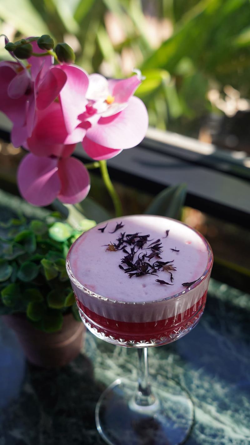 Ruby and pink layered cocktail in a crystal coupe with hibiscus petals on a green marble table beside a pink orchid